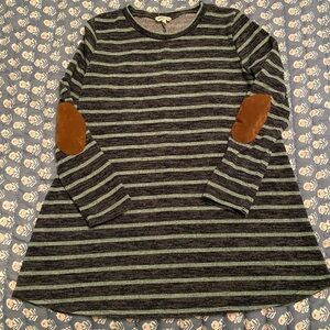 Navy blue and light blue striped elbow patch tunic sweater